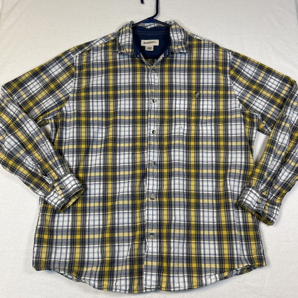RuffHewn Mens XL Blue Yellow Plaid Long Sleeve Button Down Casual Shirt Pockets